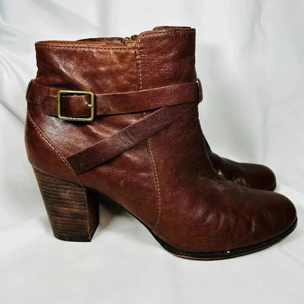 Cole Haan Grand OS Size 11B Boots Brown Leather Block Heel Buckle